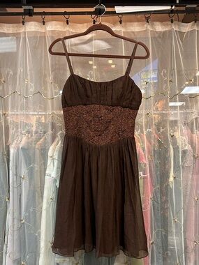 vintage brown silk lace waist bodice mini dress